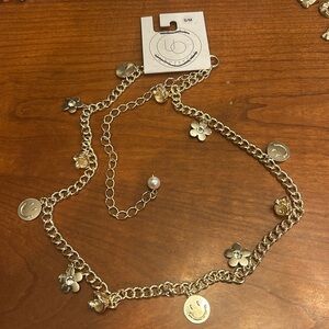 Urban Outfitters Silver chain belt with happy faces mushrooms and flowers. NEW